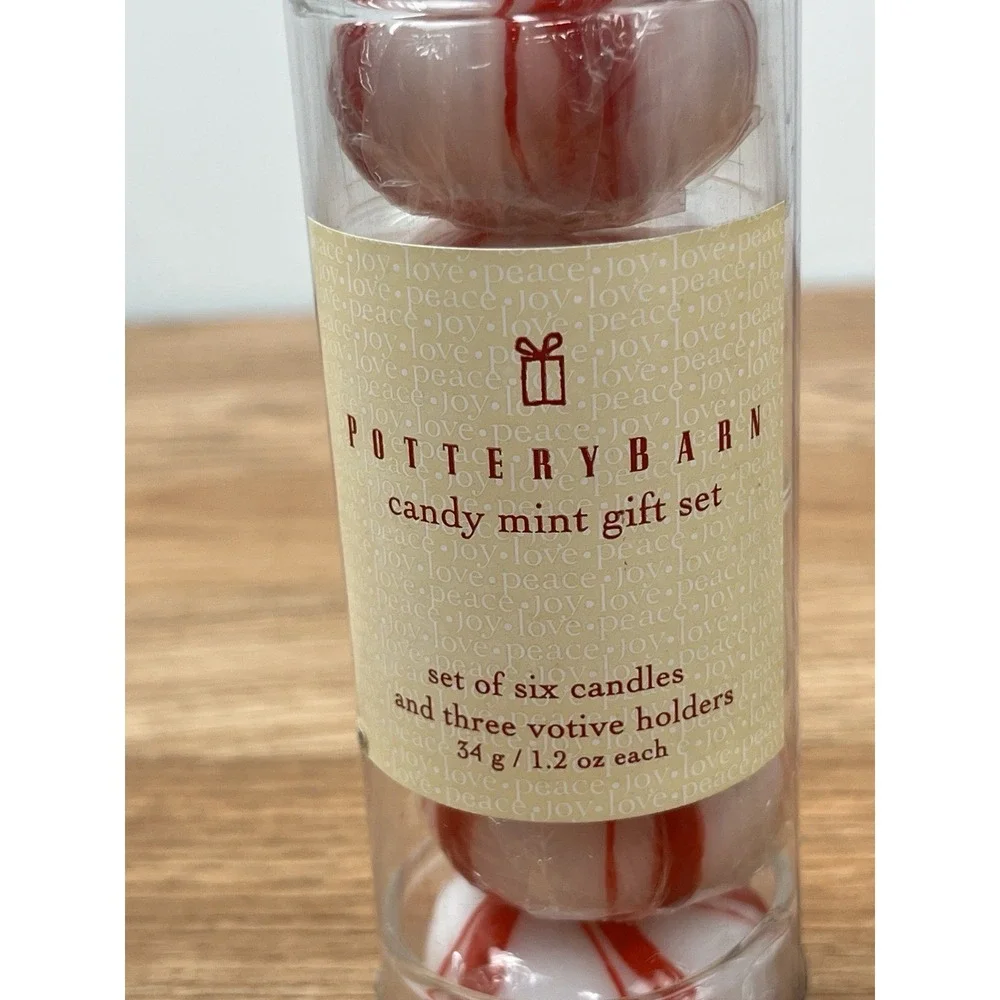 Pottery Barn Pack of 6 Candy Mint‎ Candles with 3 Votive Holders Peppermint NEW
